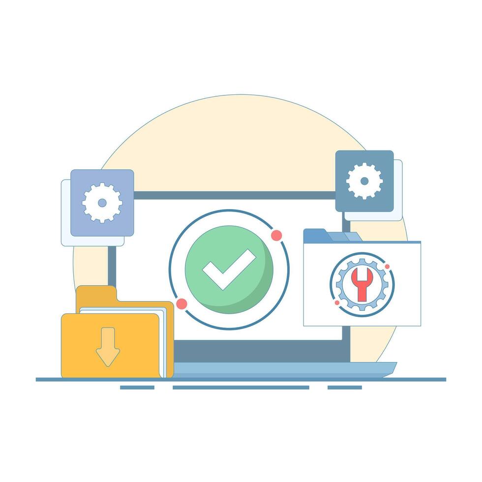 System maintenance concept, Software system under maintenance, Fixing problems, Device update, Software update process on device, People updating operating system. Flat illustration vector