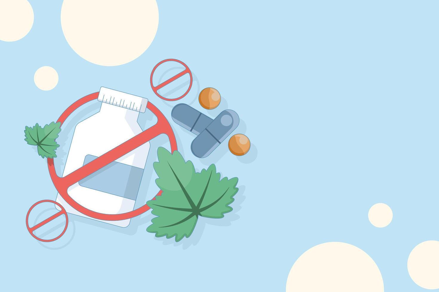anti drug day concept. stop drug use. anti drug movement. medicine bottle with prohibition sign and marijuana leaf. flat design illustration in the background. vector