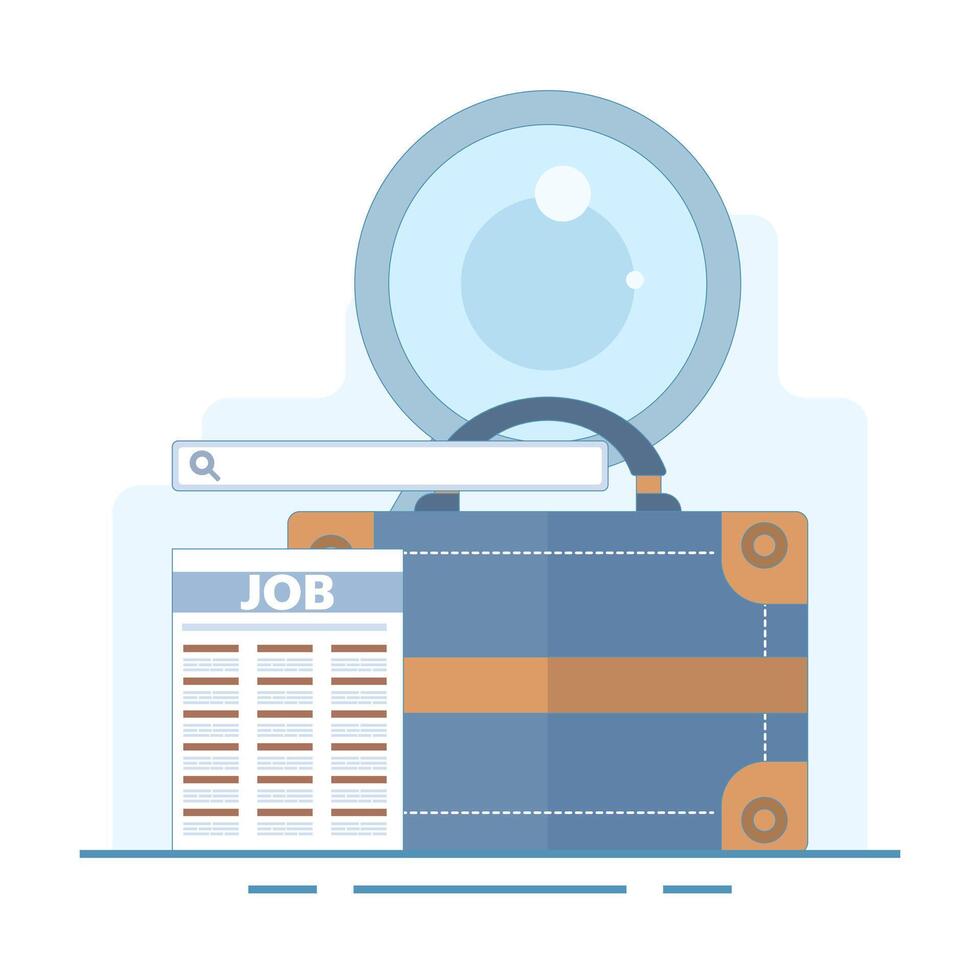 job search concept, job vacancy information. recruitment and hiring. looking for job info. briefcase with magnifying glass and check mark. Modern design concept on background. vector