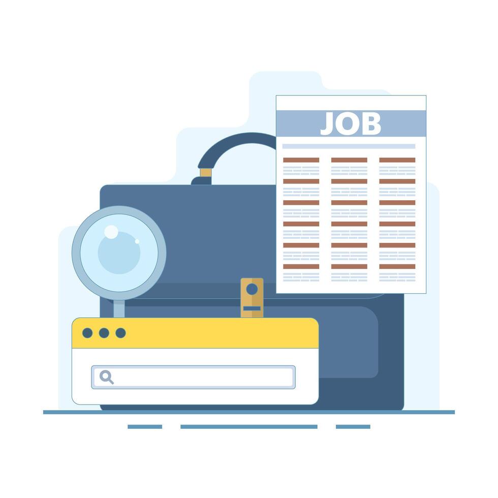 job search concept, job vacancy information. recruitment and hiring. looking for job info. briefcase with magnifying glass and check mark. Flat cartoon concept on background. vector