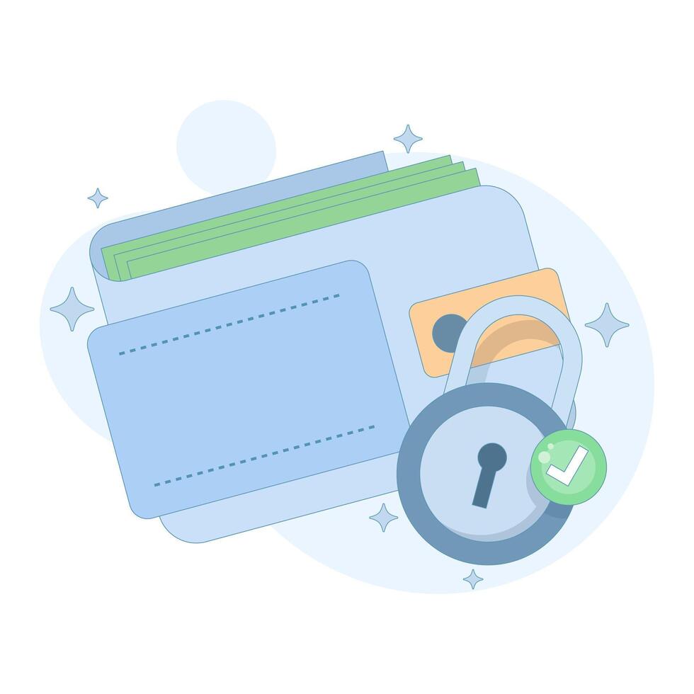 safe money storage in digital account. e-wallet with lock, for financial services, fintech applications, cybersecurity, or digital wallet and payment systems. Flat design illustration. vector