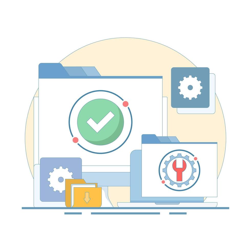 System maintenance concept, Software system is under maintenance, Fixing problems, Device update, Software update process on device, People updating operating system. Flat design illustration vector