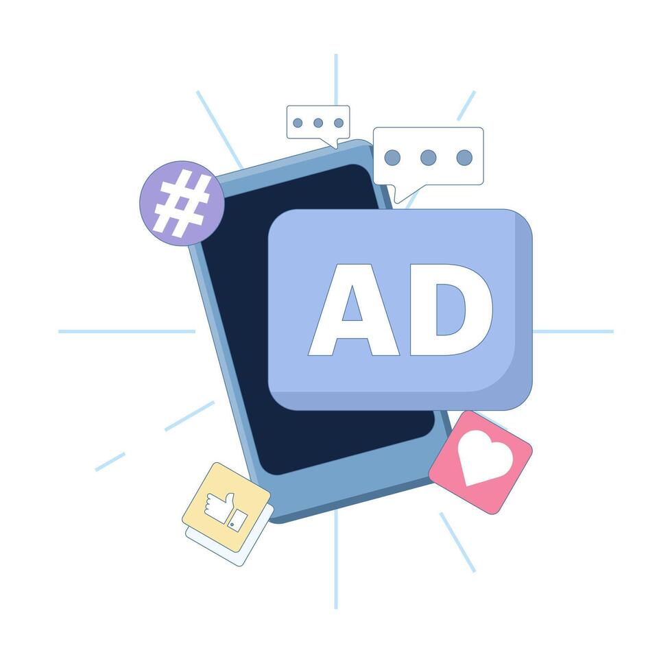 Engagement marketing strategy concept with social media ads and customer interaction. Create effective social media marketing content for brand reach and audience growth. Flat illustration. vector
