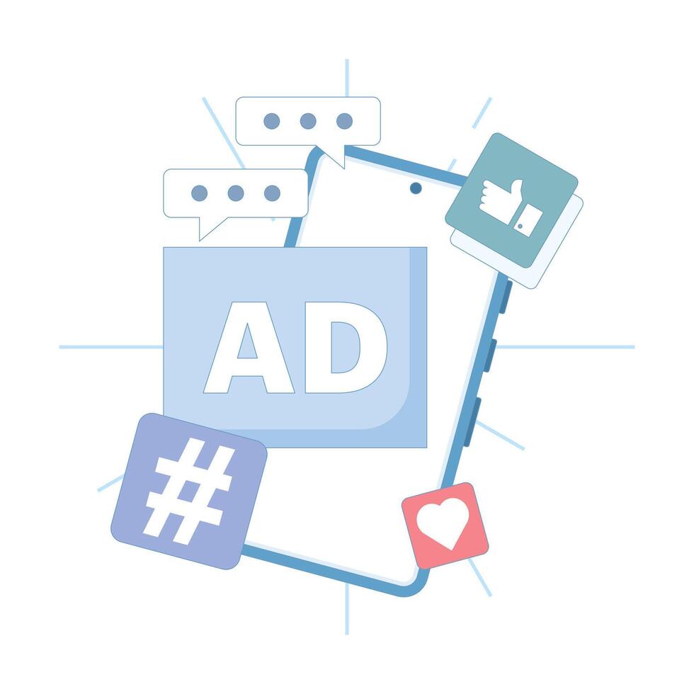Engagement marketing strategy concept with social media ads and customer interaction. Create effective social media marketing content for brand reach and audience growth. Flat design illustration. vector