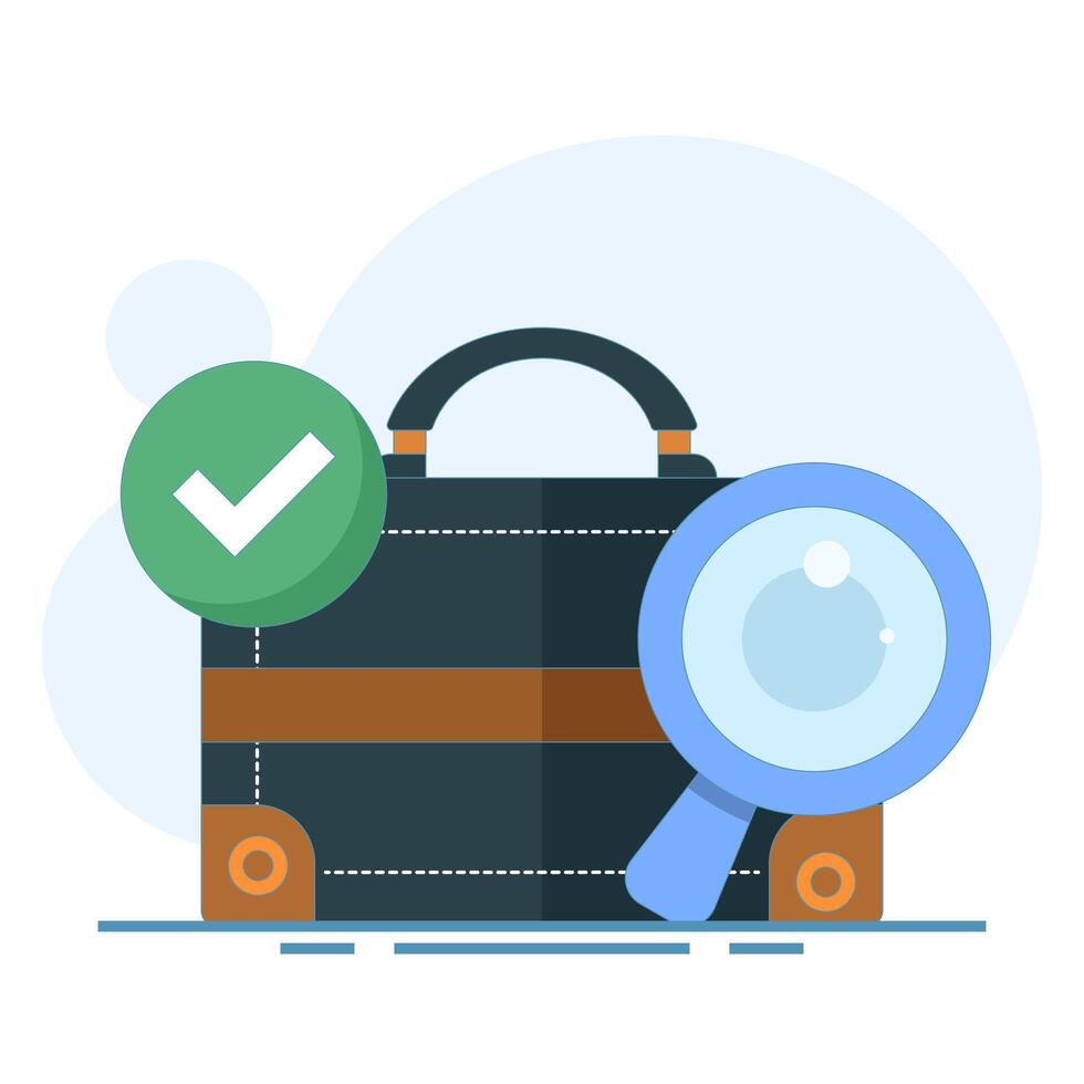 job search concept, job vacancy information. recruitment and hiring. looking for job info. briefcase with magnifying glass and check mark. Flat modern design concept on background. vector