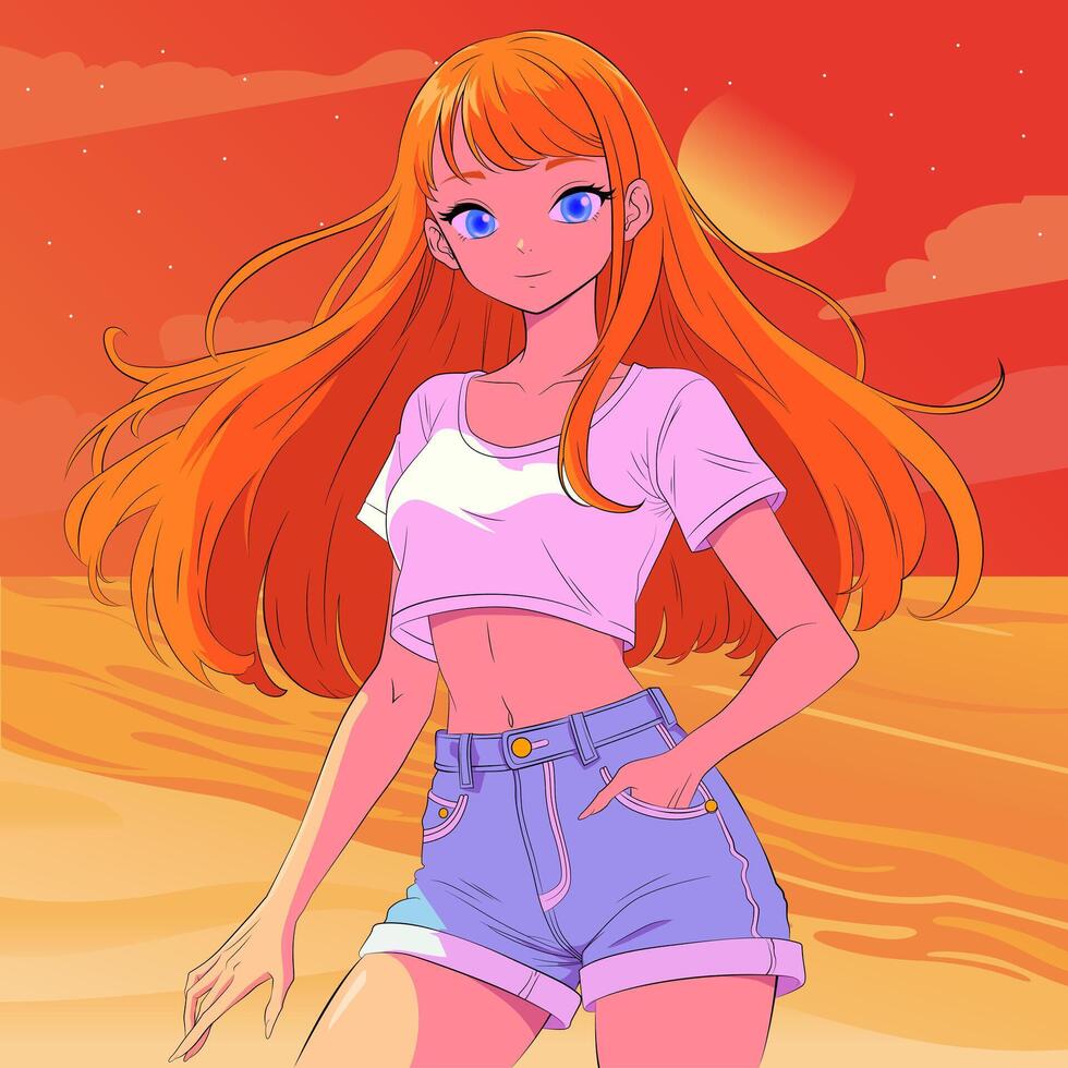 Anime Girl with Long Orange Hair in a Sunset Beach Scene vector