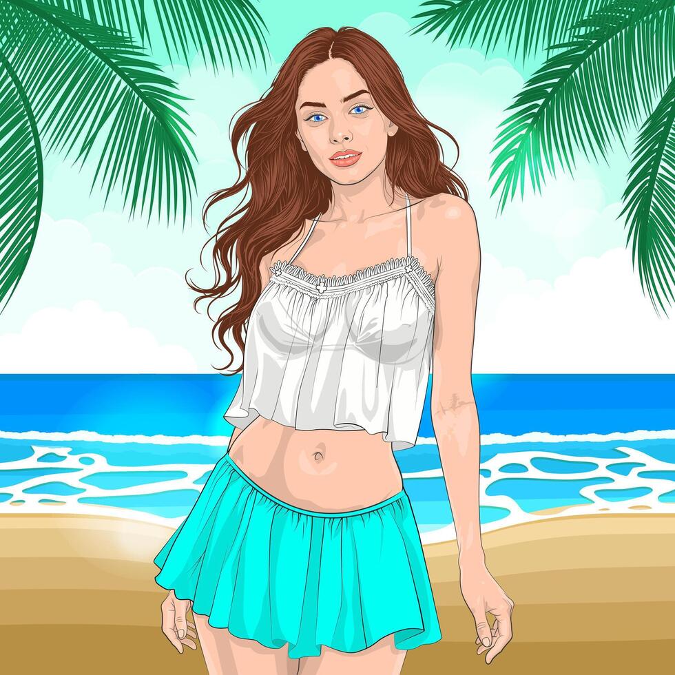 a woman in a skirt and top standing on the beach vector