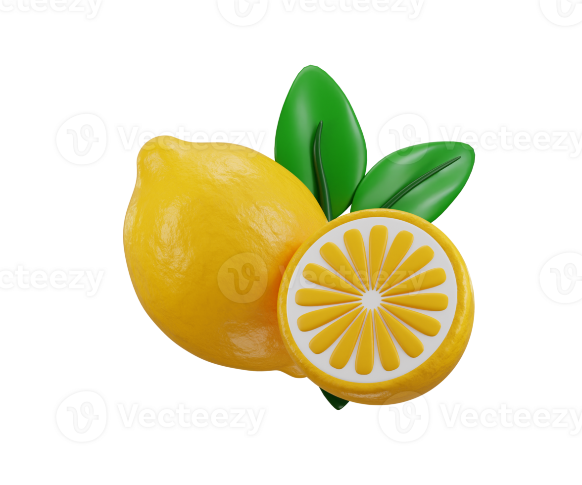 3D Lemon Icon with leaf concept of Fresh citrus lime fruit whole half quarter slice with flowering lemon Icon Citrus Graphic for Digital Projects png
