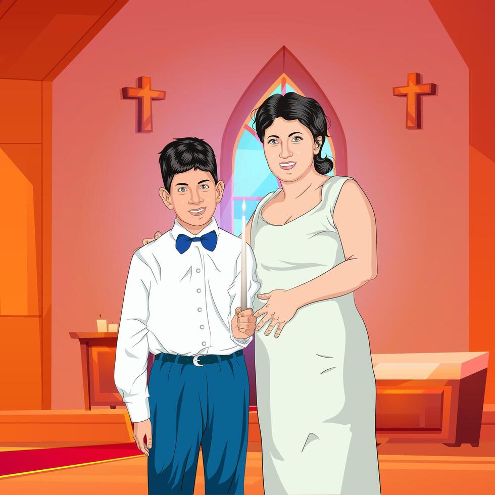 A cartoon of a boy and his mother standing in front of a church vector