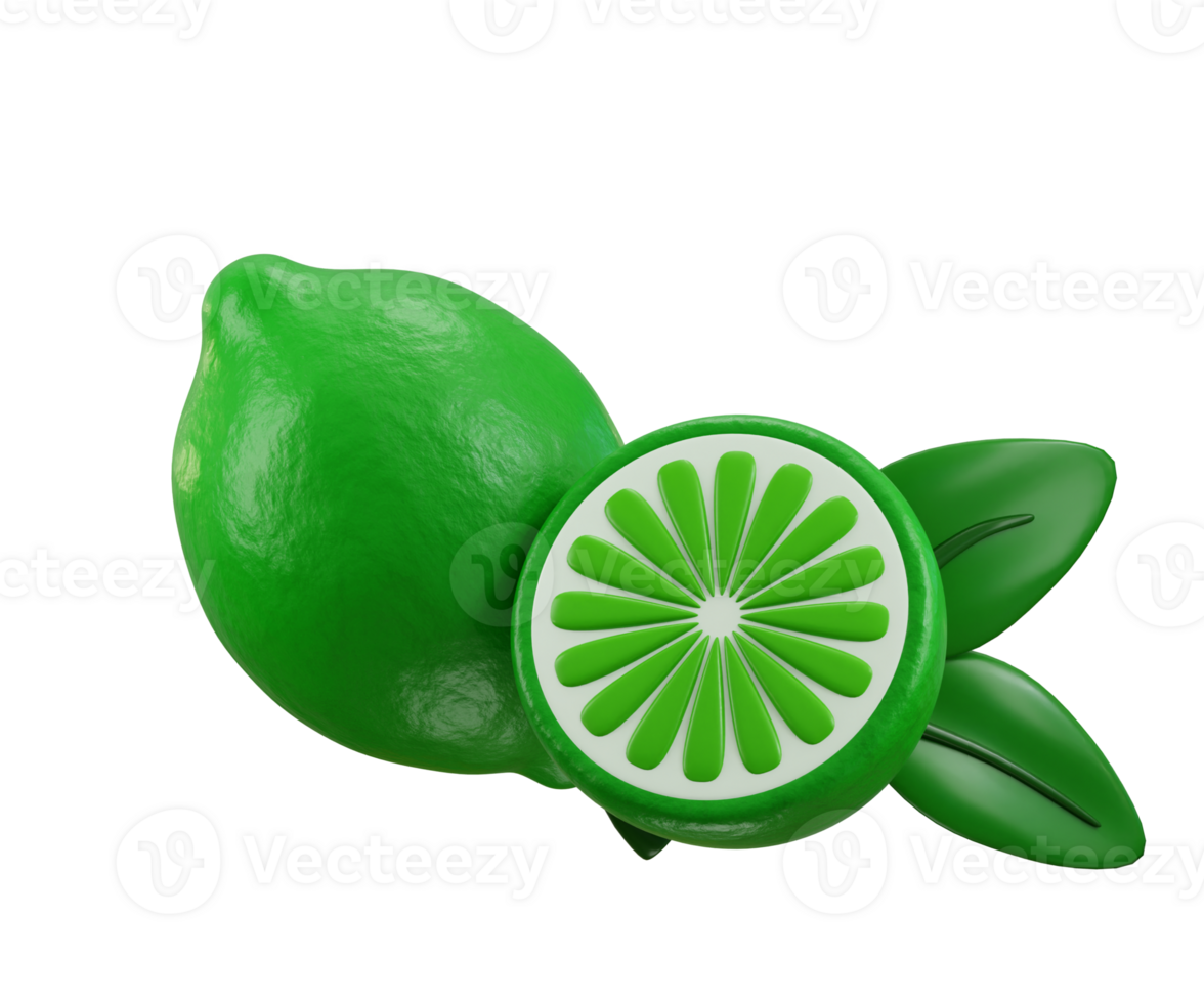 3D Green Lemon Icon with leaf concept of Fresh citrus lime fruit whole half quarter slice with flowering lemon Icon Perfect for Advertising and Design Projects png