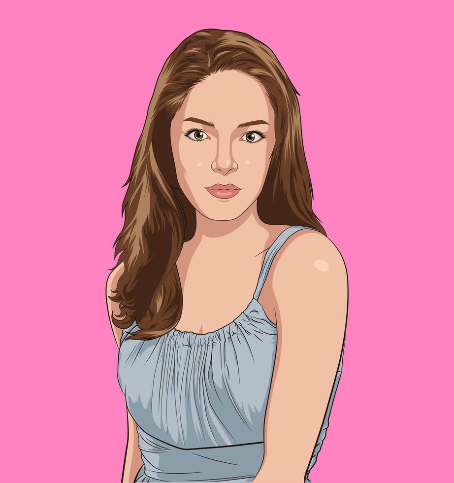 Portrait illustration of a charming young woman with brown hair on a pink background vector