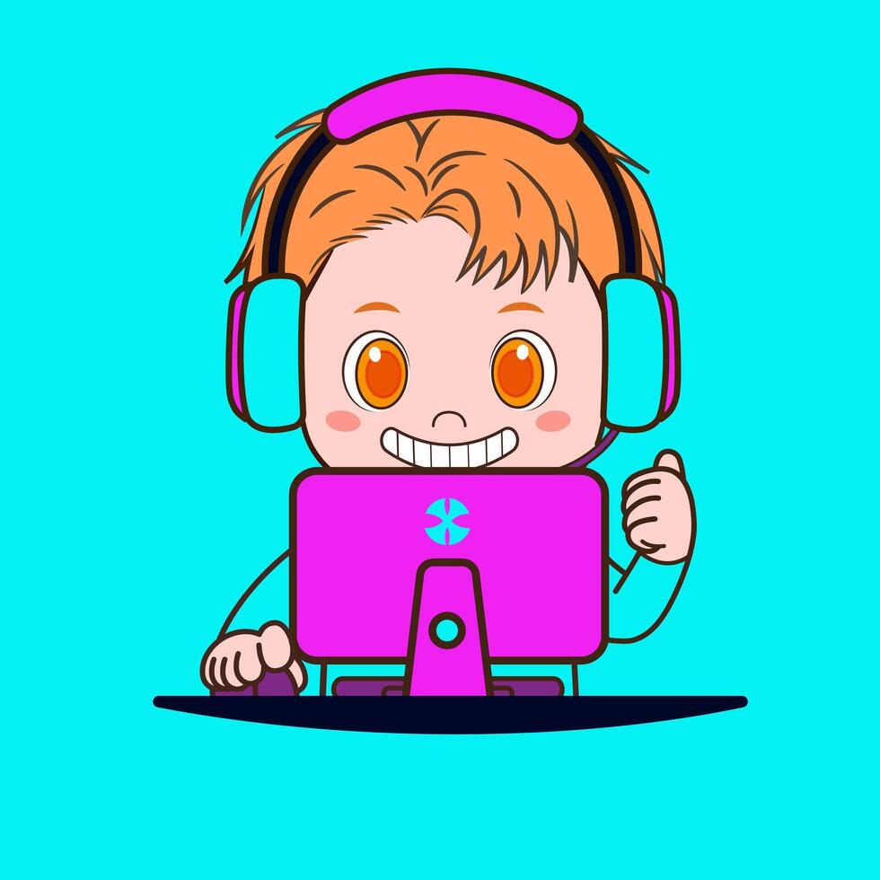 a cartoon boy with headphones and a computer vector