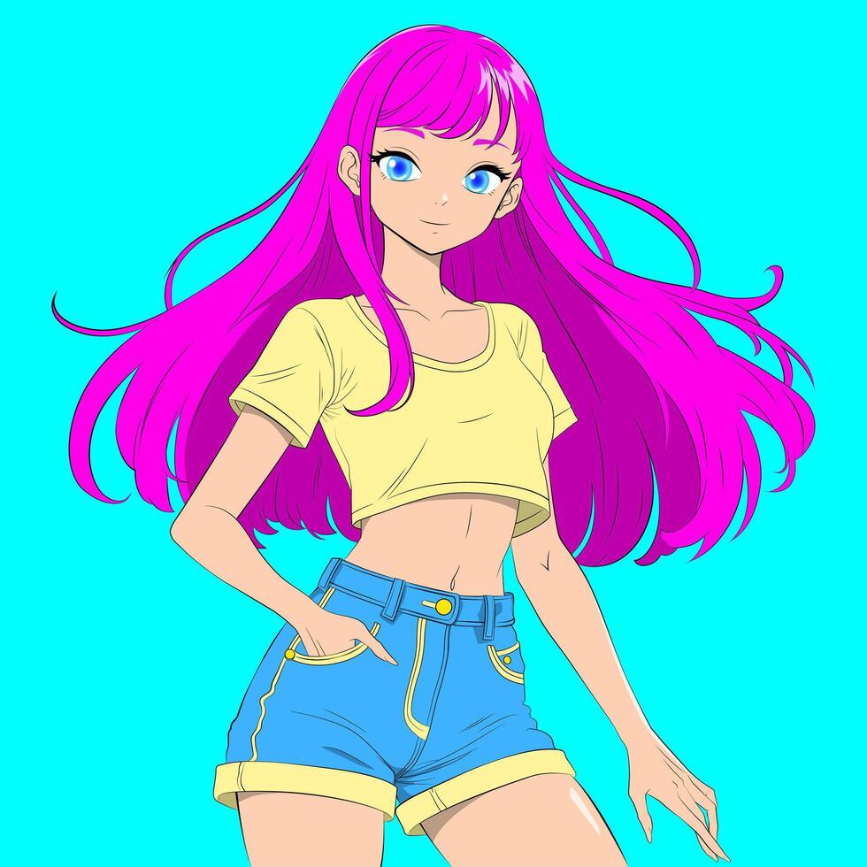 Trendy Anime Girl with Pink Hair vector