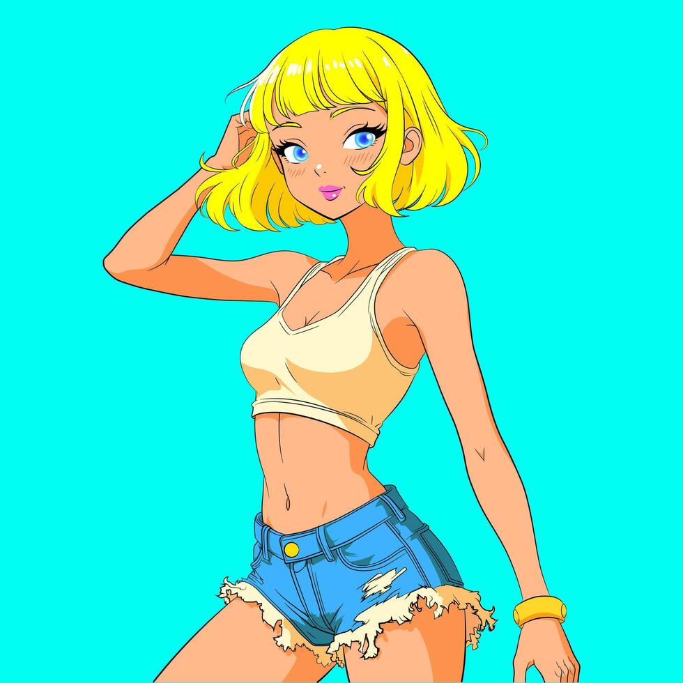 Blonde Anime Girl in Summer Outfit vector