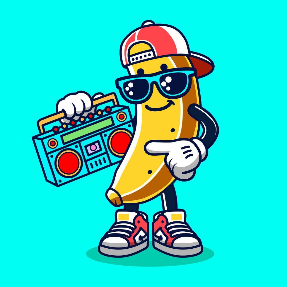 Cool Banana Cartoon with Boombox and Hat vector