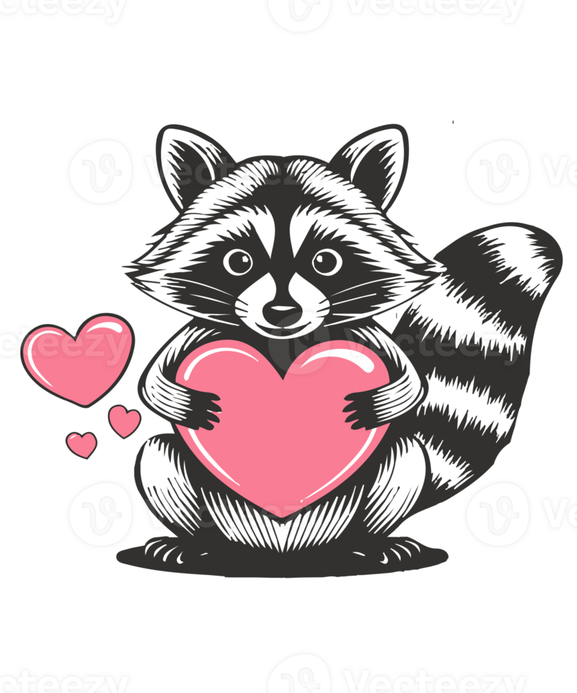 Cute Raccoon Holding Pink Heart with Love Symbols in Romantic Animal Illustration png