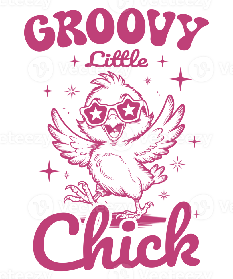 Groovy Little Chick Illustration with Star Glasses and Retro Typography in Fun Pink Easter Design png