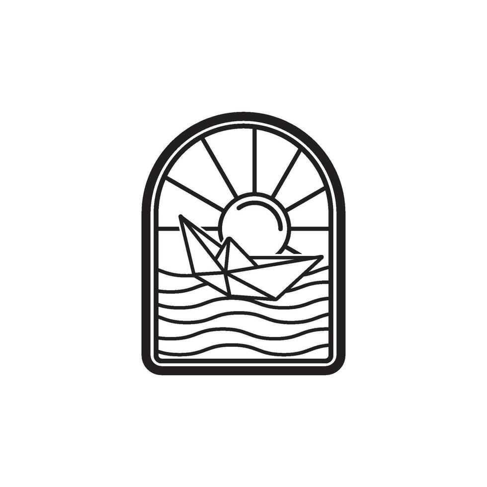 A black and white drawing of a boat in the ocean vector