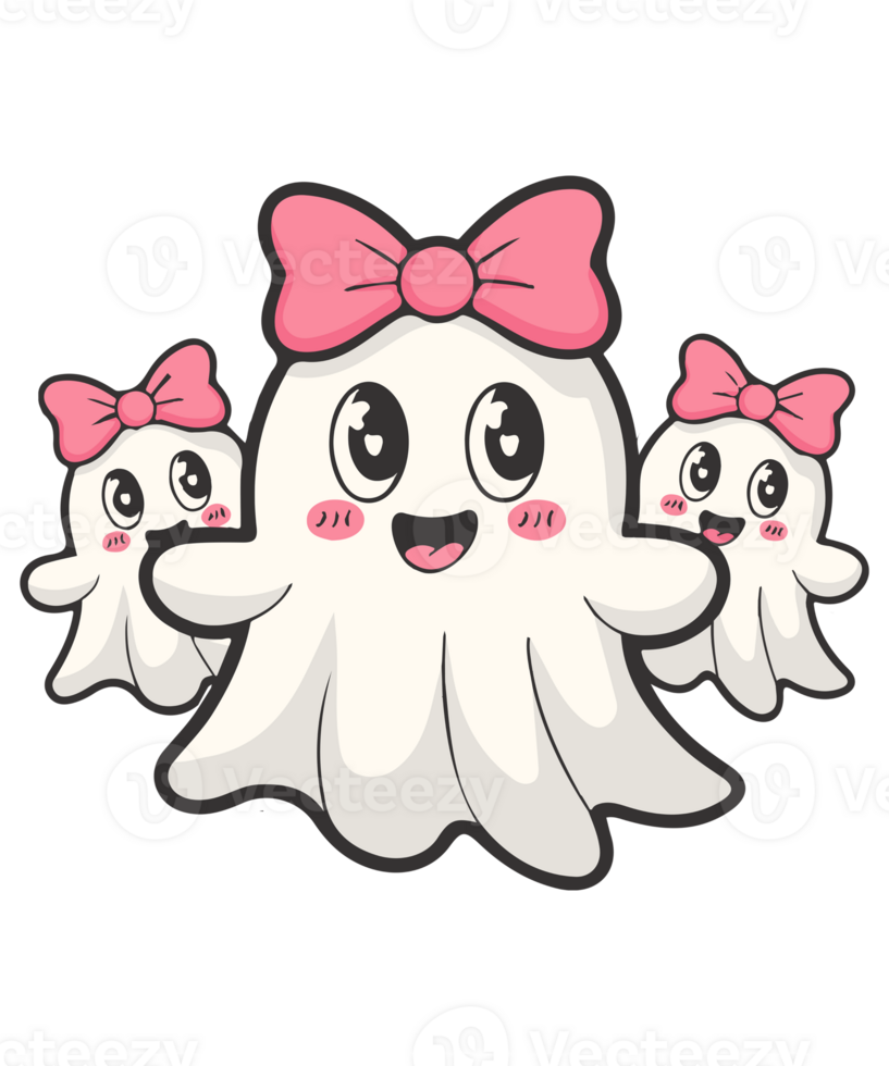 Cute Kawaii Ghosts with Pink Bows and Happy Faces Cartoon Style Illustration png