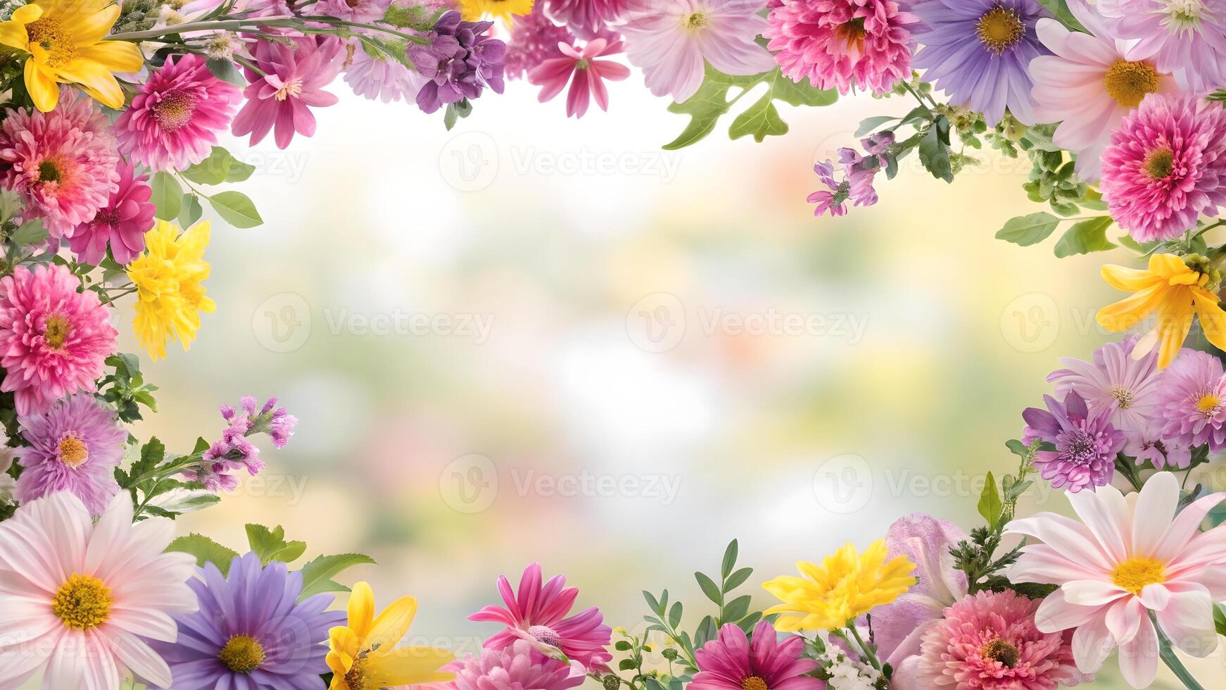 Colorful floral frame beautifully arranged for wedding invitations and event decorations. Vibrant flowers create a stunning border perfect for enhancing your special days visual appeal. photo