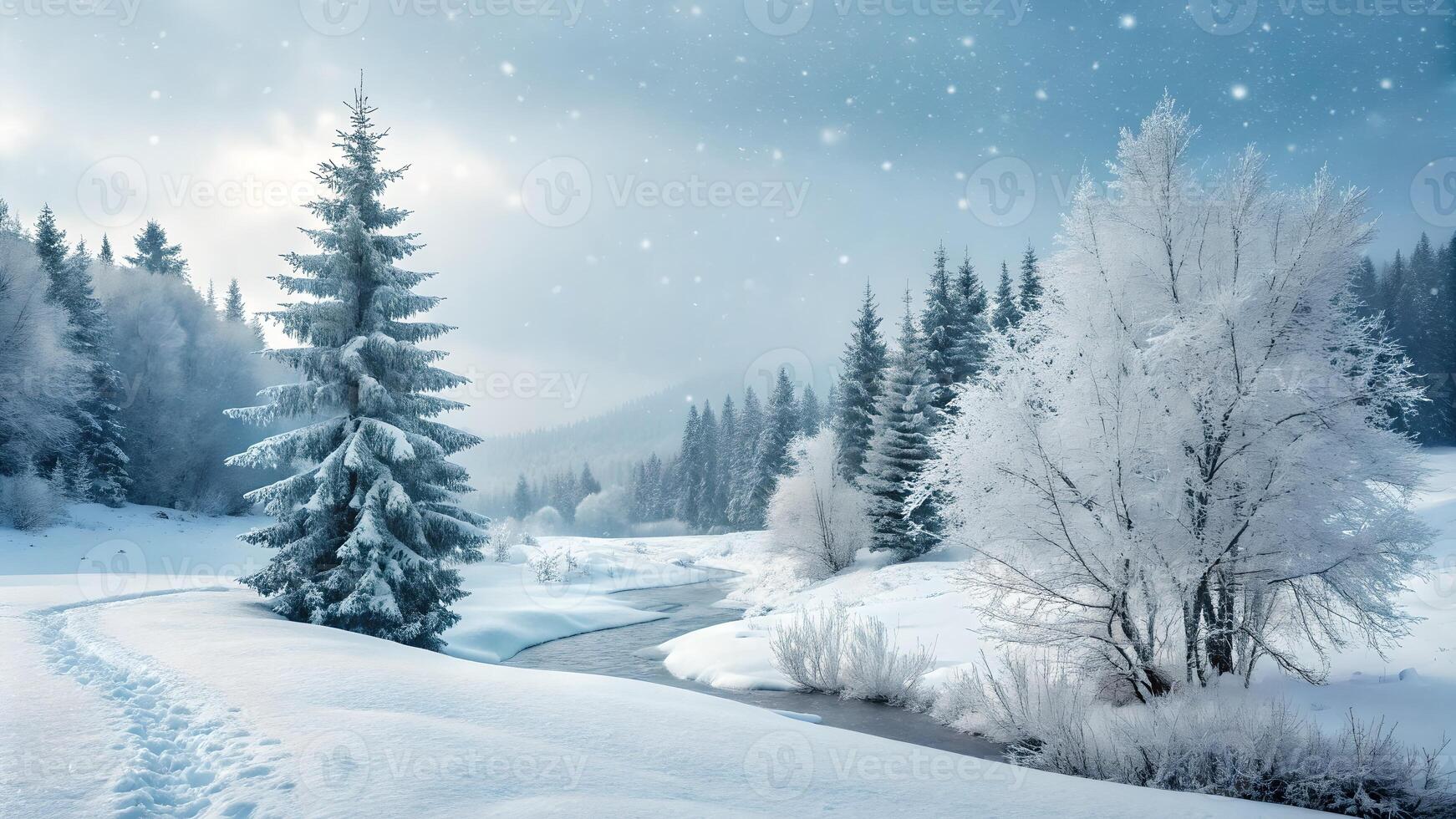 Snowy Forest Landscape with Serene River for Winter Backgrounds snow photo