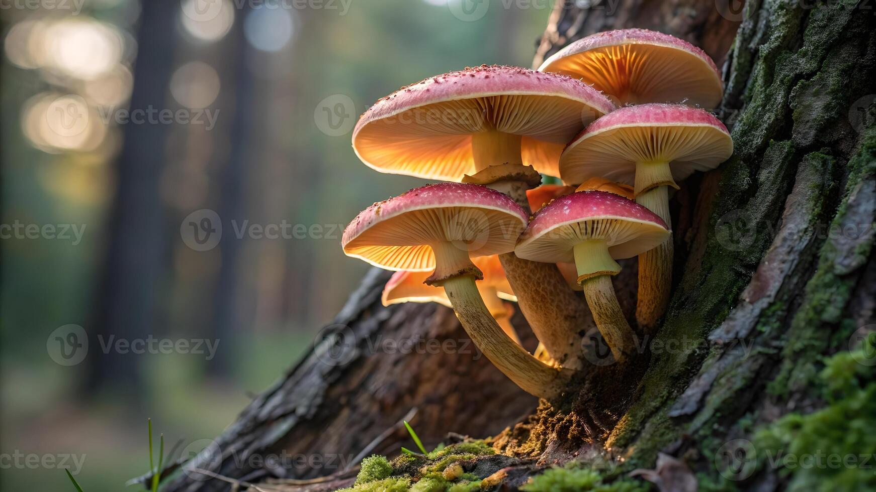 Mushrooms in forest with vibrant red caps and white spots growing on tree trunk for nature enthusiasts and photographers photo