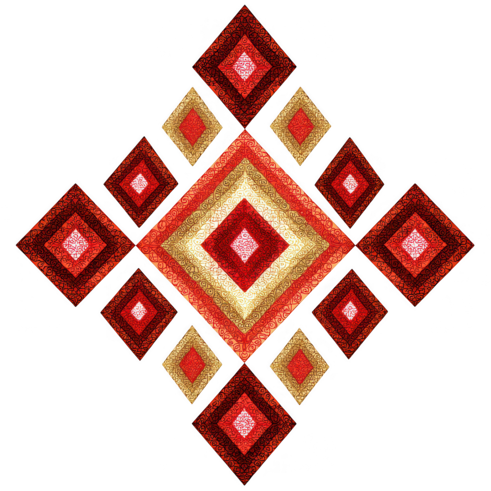 Intricate diamond motif design featuring symmetrical arrangement of red, gold, and white elements. This classic pattern evokes sense of elegance and tradition, perfect for various decorative uses png