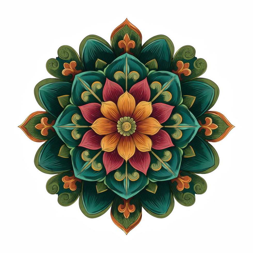 vibrant floral mandala design featuring intricate patterns and rich colors, showcasing central flower surrounded by detailed leaves and shapes, evoking sense of harmony and beauty png