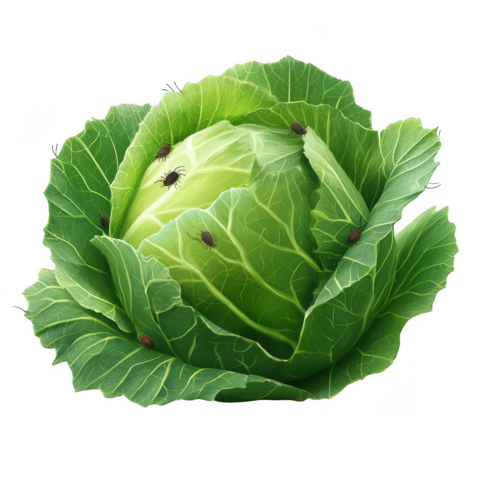 fresh green cabbage with vibrant leaves, showcasing small leafworms on its surface, symbolizes challenges of organic agriculture. This highlights beauty and complexity of nature png