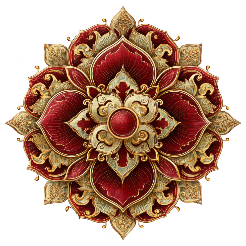 stunning floral mandala design featuring intricate patterns and rich colors, including deep reds and golds, evoking sense of elegance and harmony png