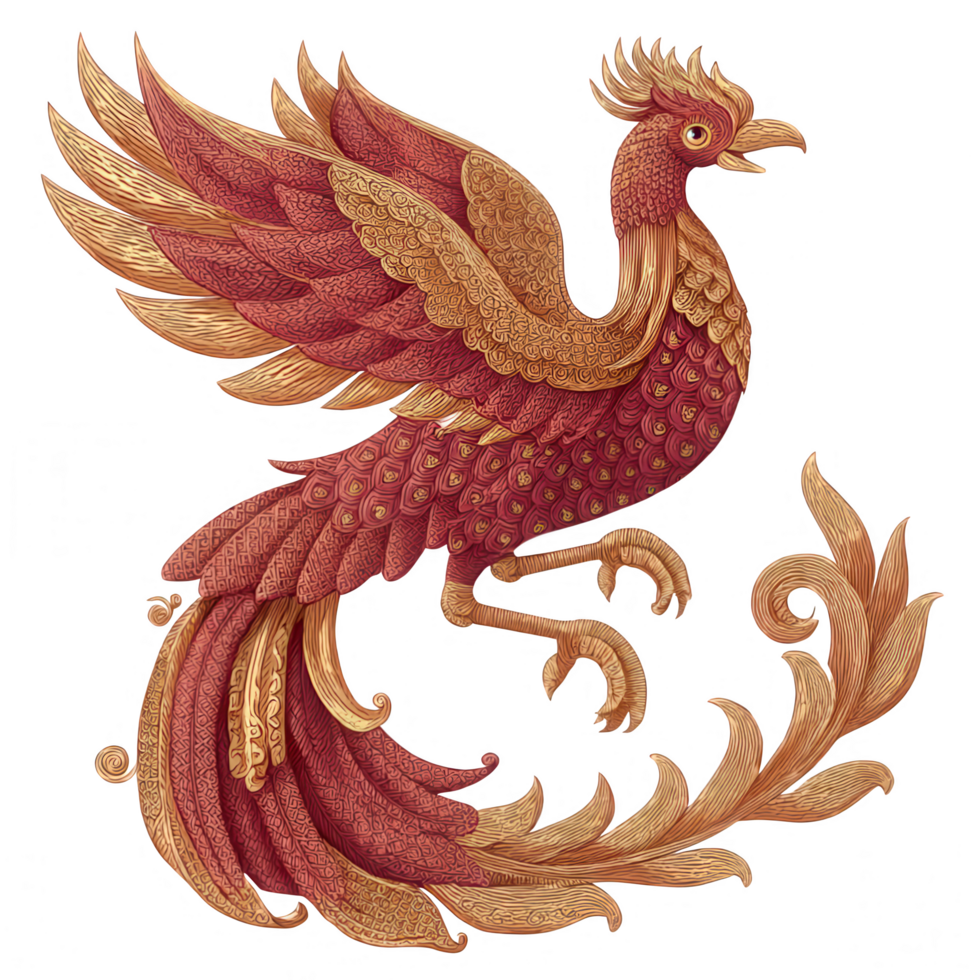 vibrant mythical bird with intricate feather patterns and majestic pose, showcasing rich red and gold hues. This design embodies elegance and cultural significance, perfect for various artistic png