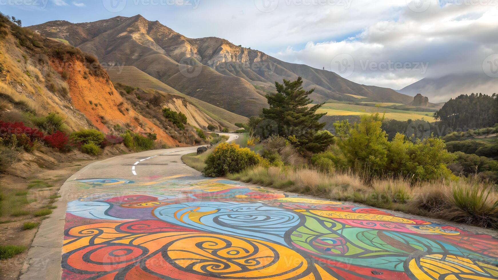 Colorful Road Artwork Vibrant Landscape Scene for Travel Enthusiasts and Nature Lovers Exploring Unique Destinations with Artistic Elements in Scenic Mountain Views design photo