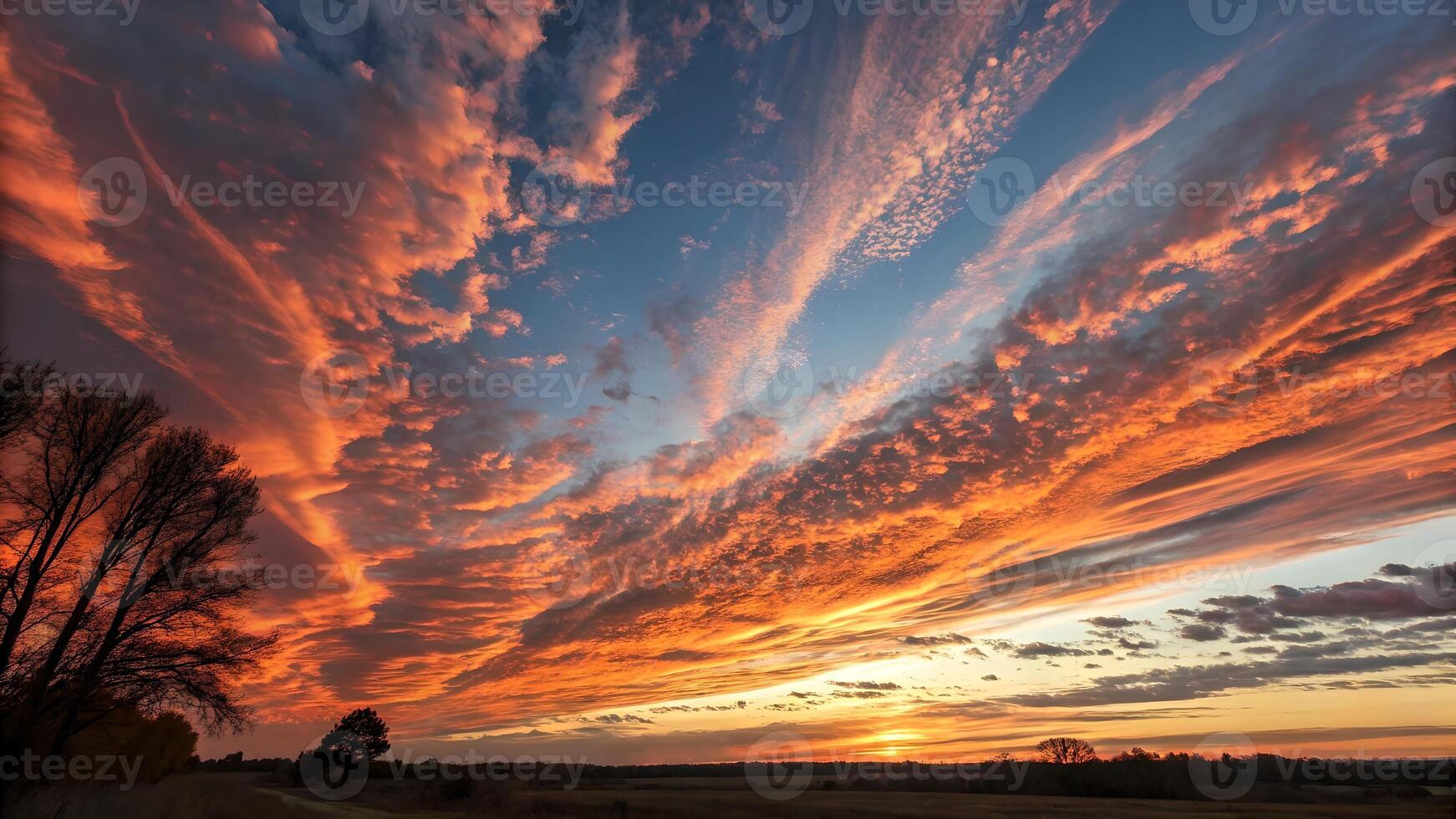 Dramatic Sunset Sky with Vibrant Cloud Formations over Fields photo
