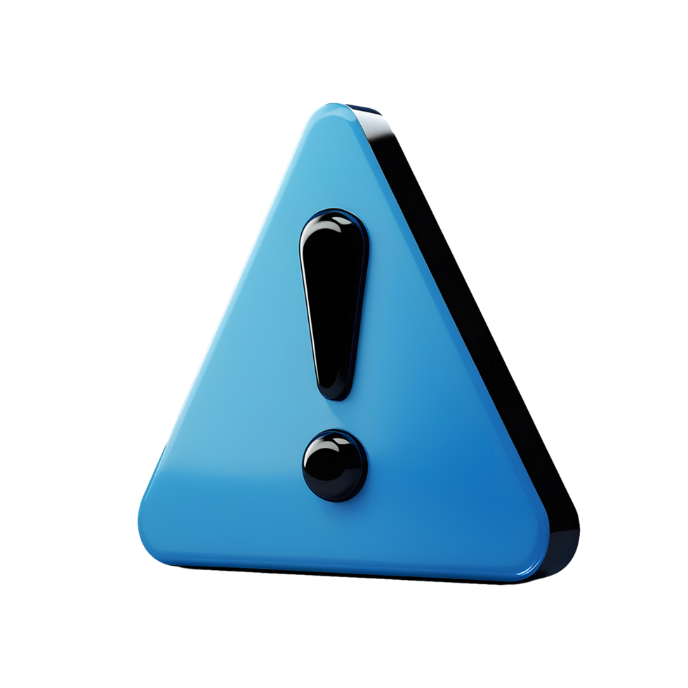 Glossy 3D Blue Warning Triangle Icon with Bold Exclamation Mark png