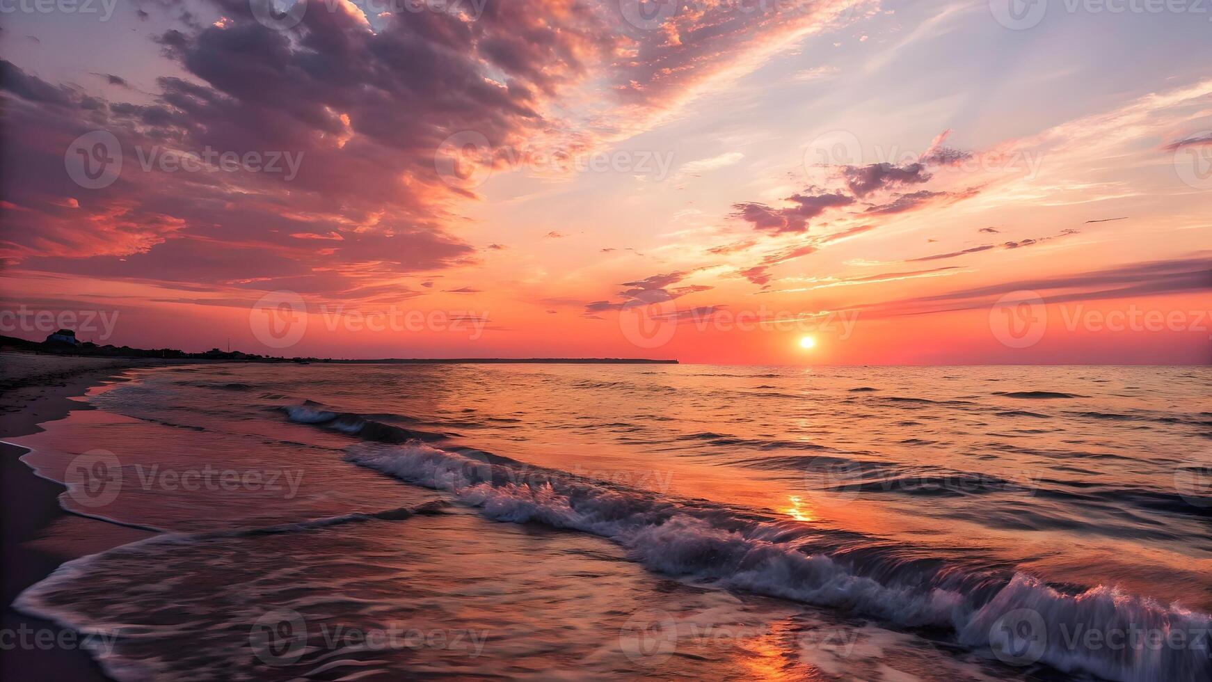 Sunset beach scene with vibrant colors perfect for travel websites and nature enthusiasts. Enjoy the stunning view of the sun setting over the ocean, casting a warm glow on the sand and water. beach photo