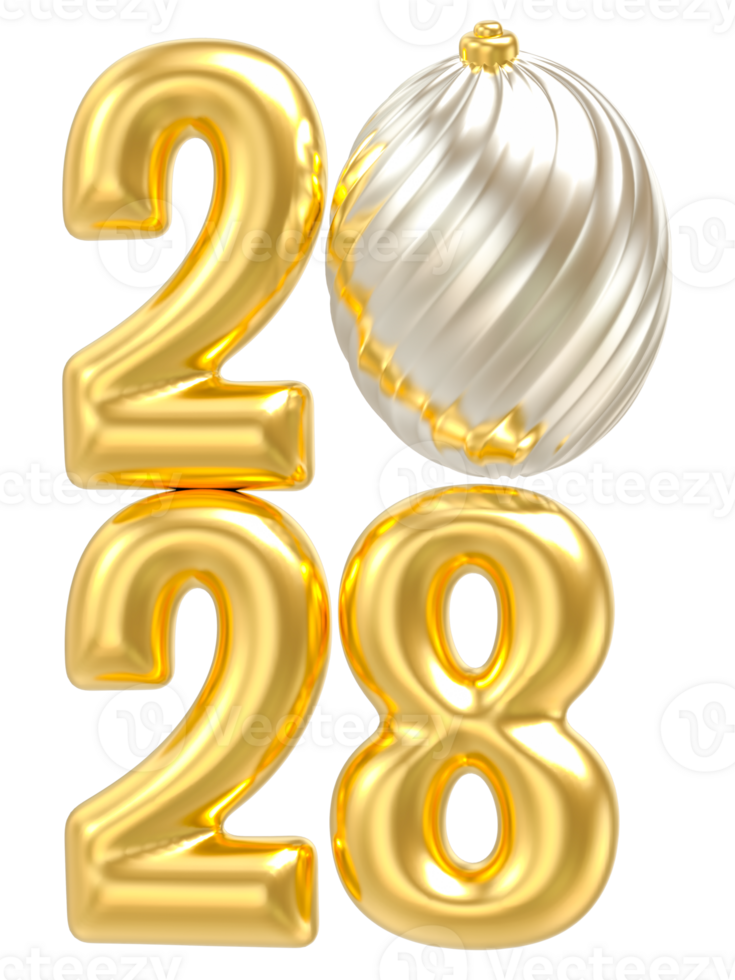 Gold happy new year 2028 number 3d render png