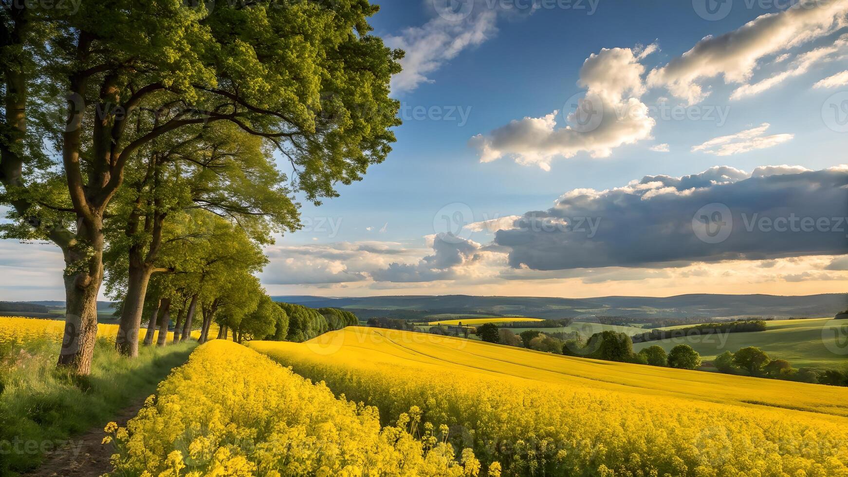 Serene Sunset Over Rolling Rapeseed Fields and Tree Lined Lane photo