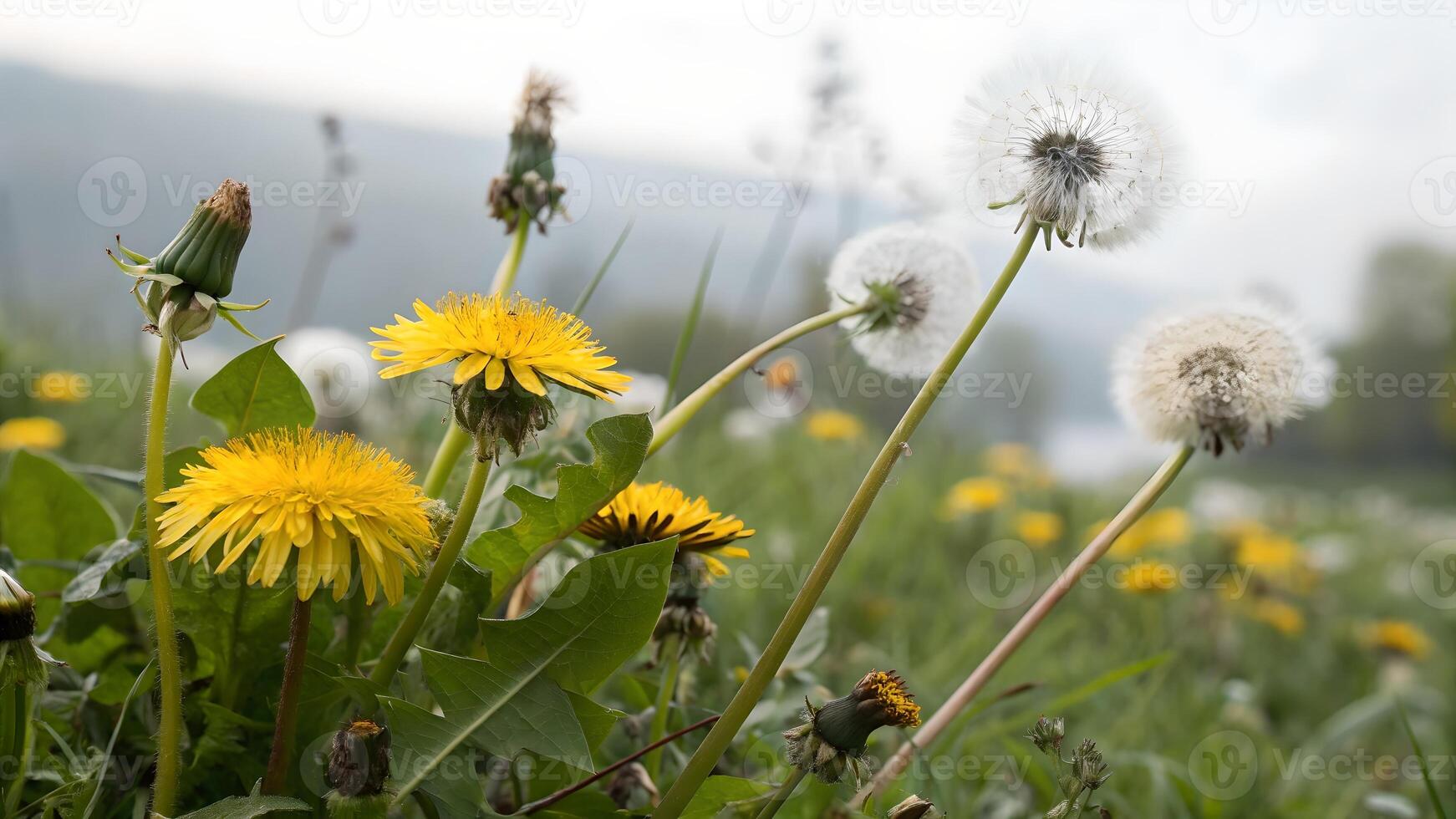 Dandelion flowers in full bloom captured in a serene meadow setting, perfect for nature enthusiasts and photographers seeking high-quality floral images for their projects. plant photo