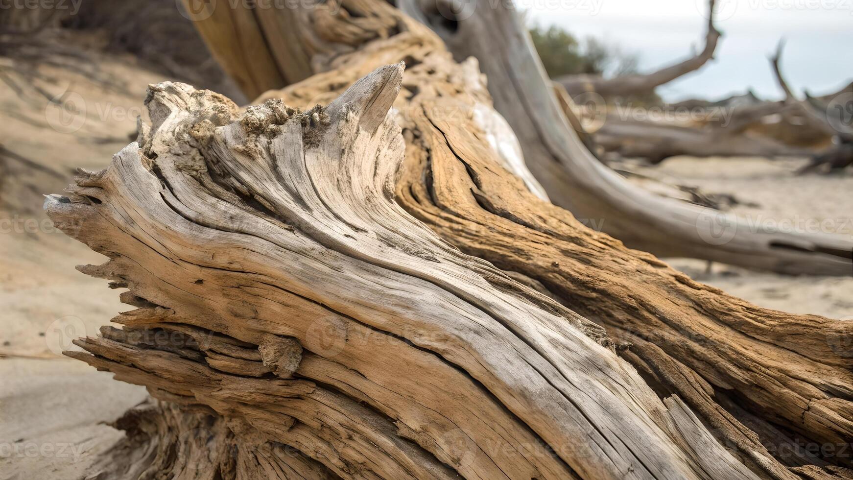 Driftwood Sculpture on Sandy Beach for Nature Lovers and Coastal Decor Enthusiasts, Perfect for Relaxation and Home photo
