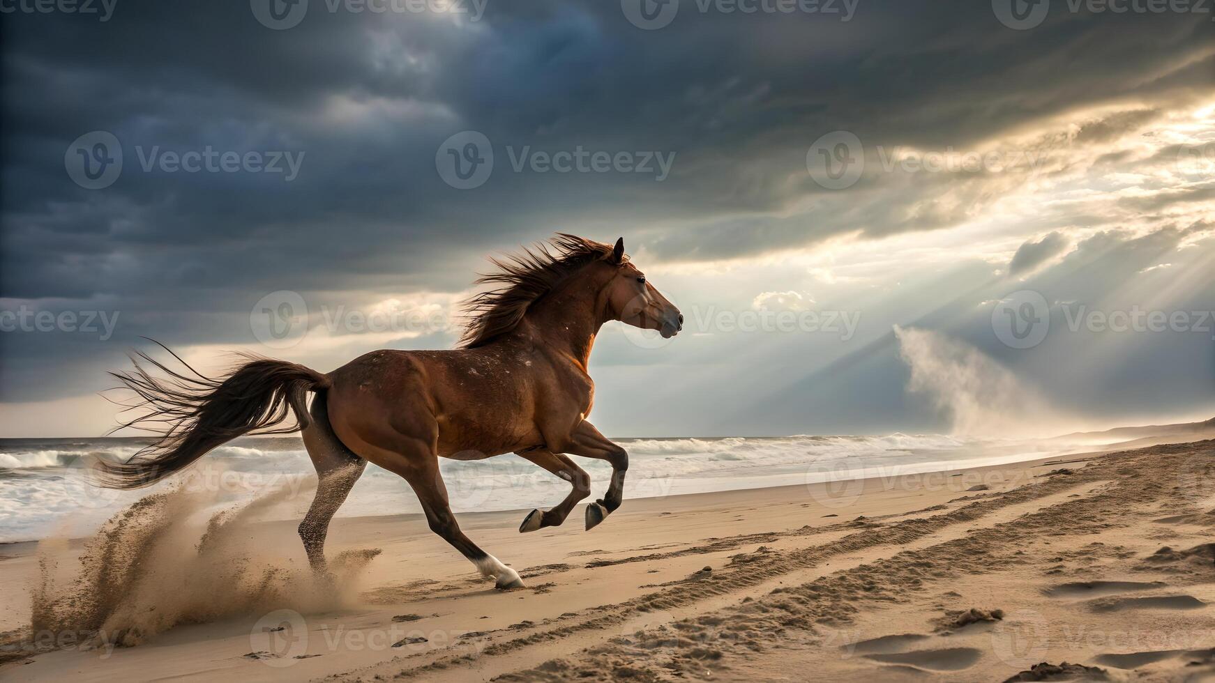Majestic Chestnut Horse Galloping on Sandy Beach at Sunset photo