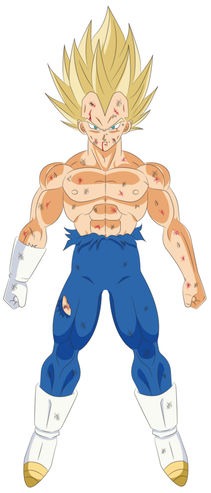 Battle Damaged Vegeta SSJ with Intense Gaze and Powerful Stance png