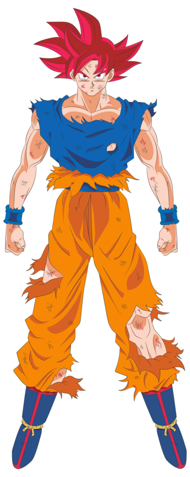 Standing pose of Super Saiyan God Goku with combat damage png