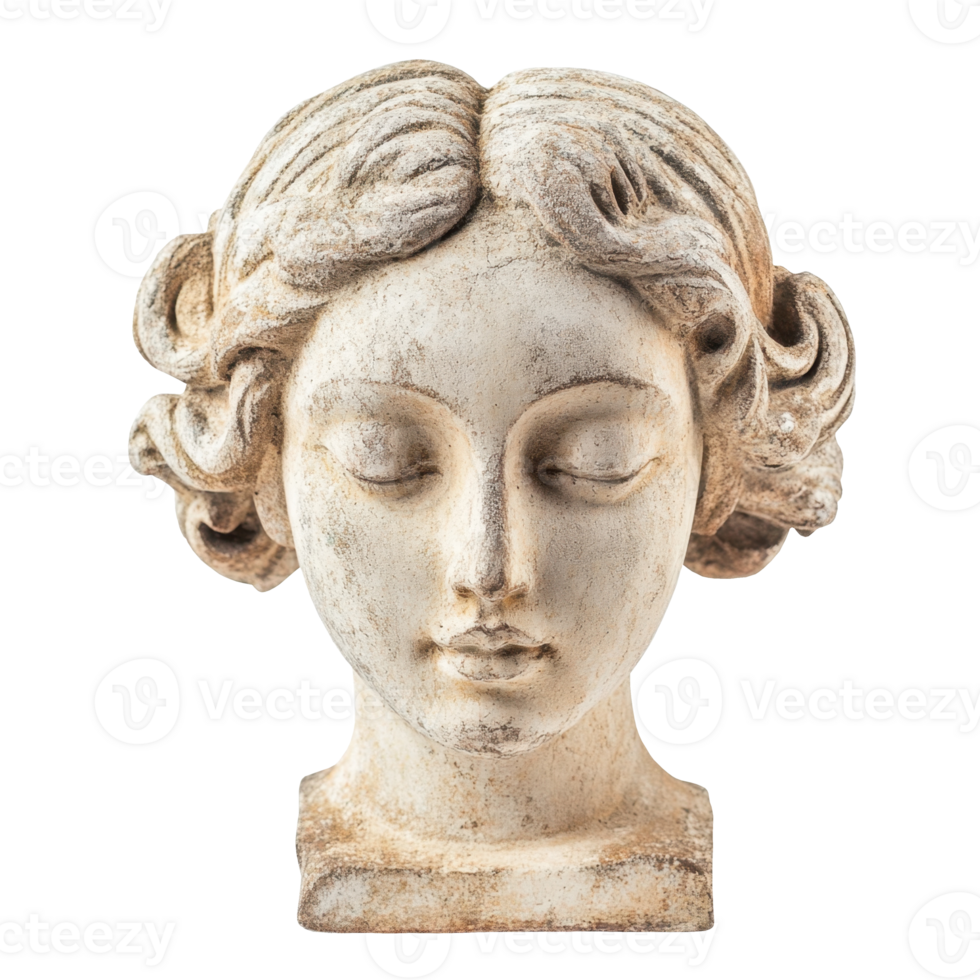Gypsum copy of ancient statue head of beautiful young woman with closed eyes. png