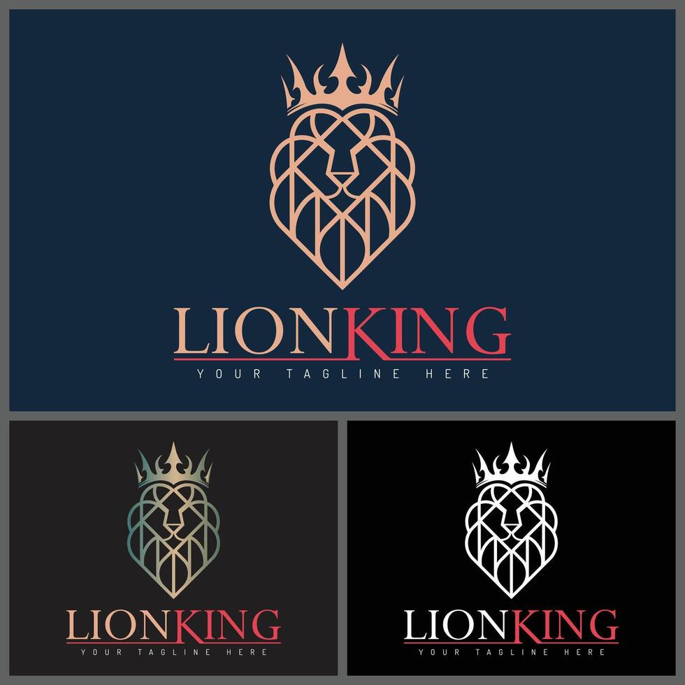 Lion king crown face head line logo set design template vector