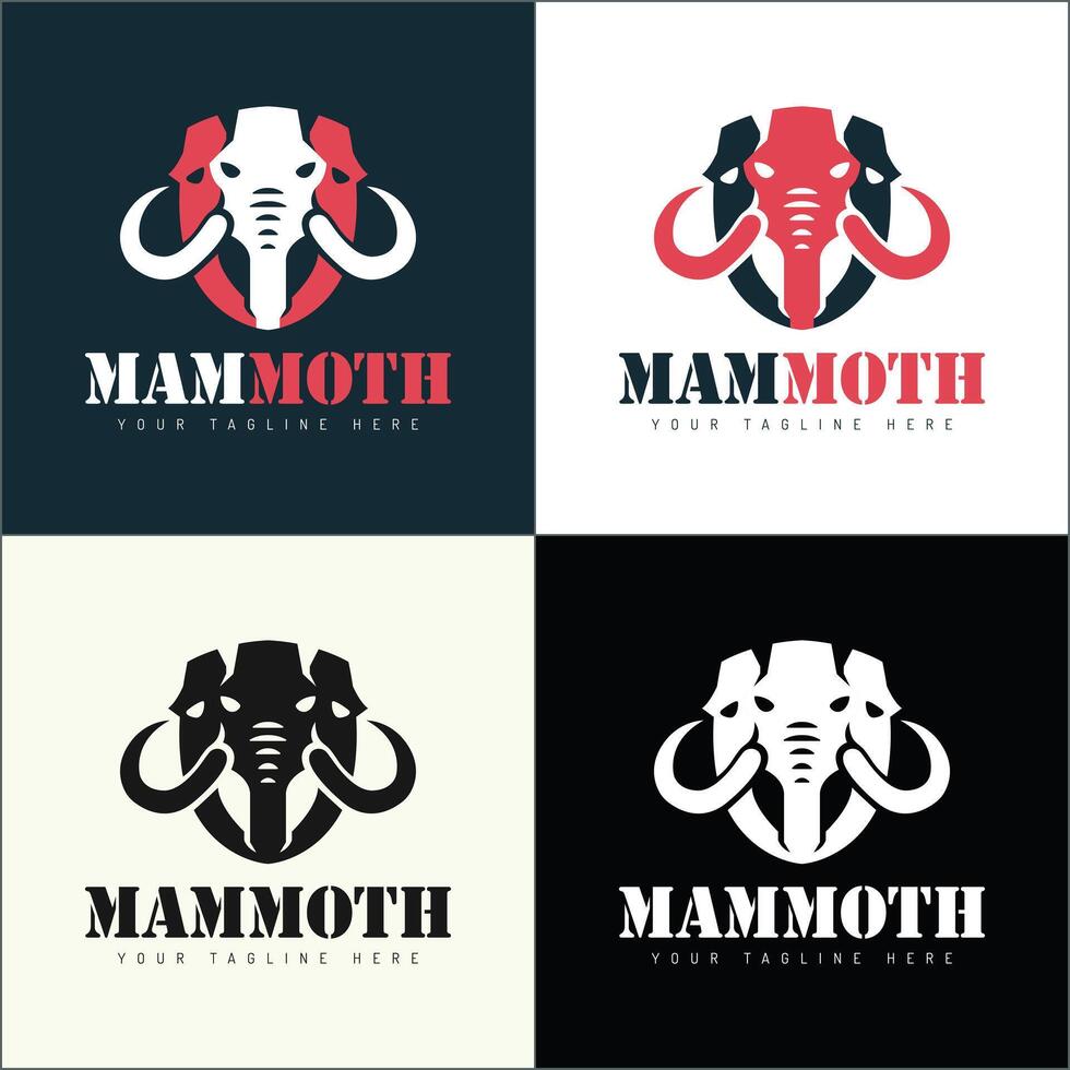 Mammoth elephant three head shield shapes logo set silhouette template design vector