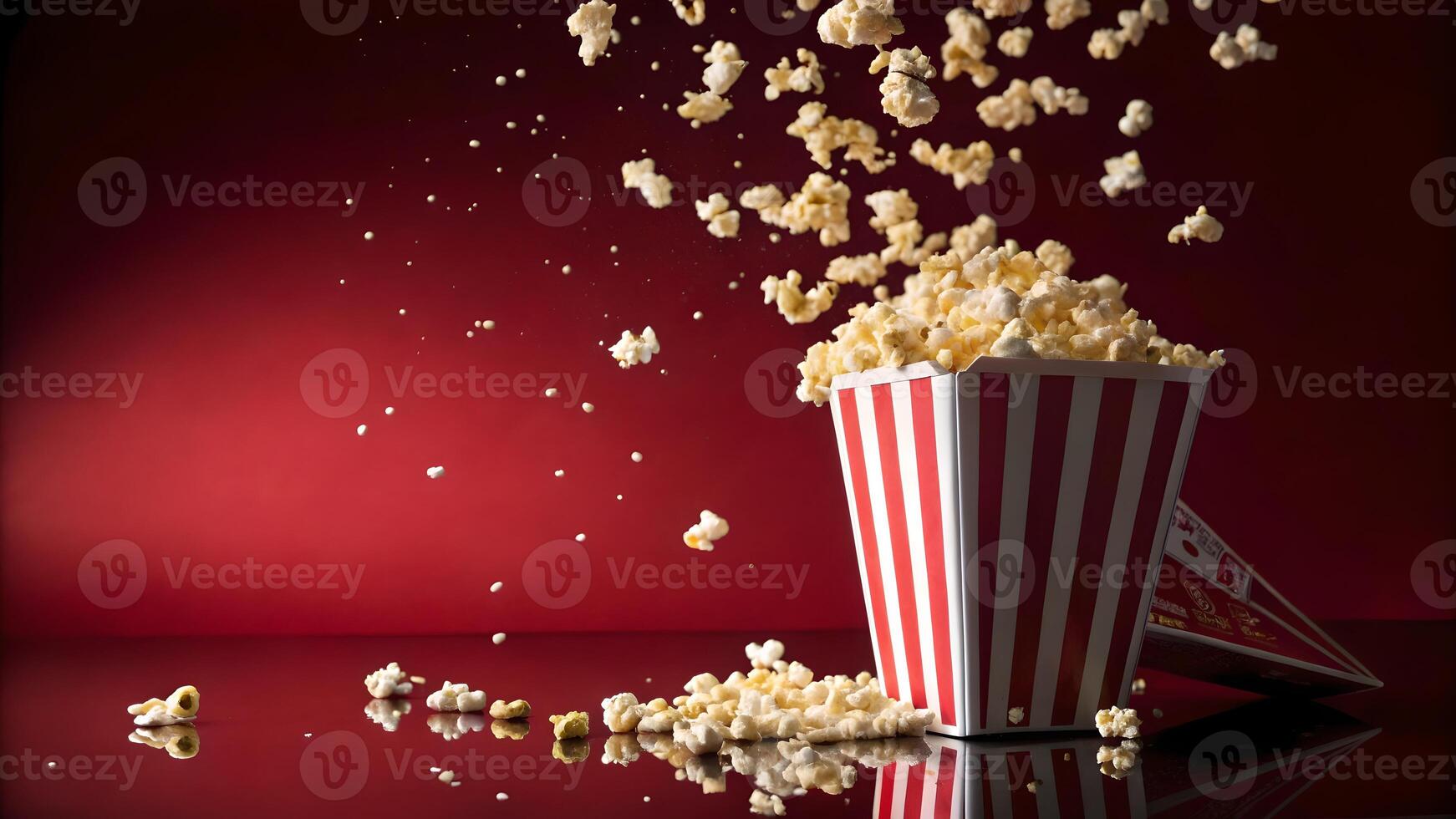 Popcorn Explosion Against Red Background Classic Striped Box photo