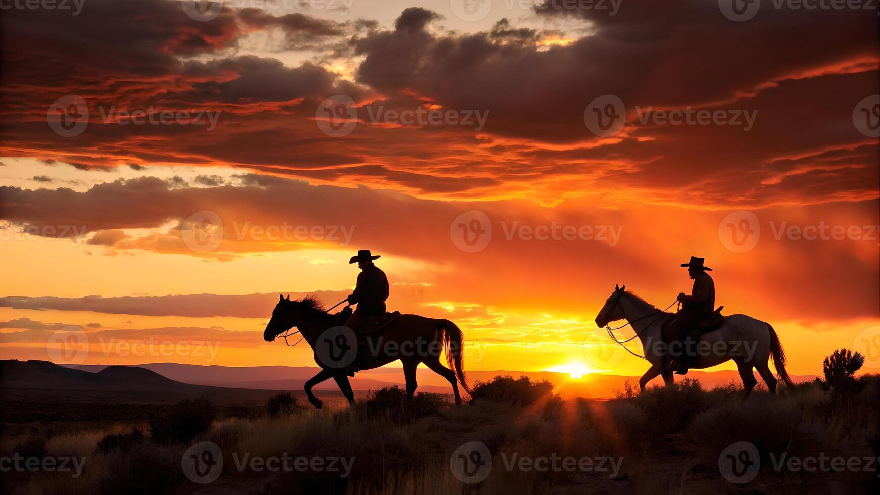 Cowboys Silhouetted Against Vibrant Sunset photo