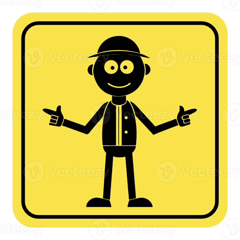 a cartoon man in a hat and jacket standing in front of a yellow sign png