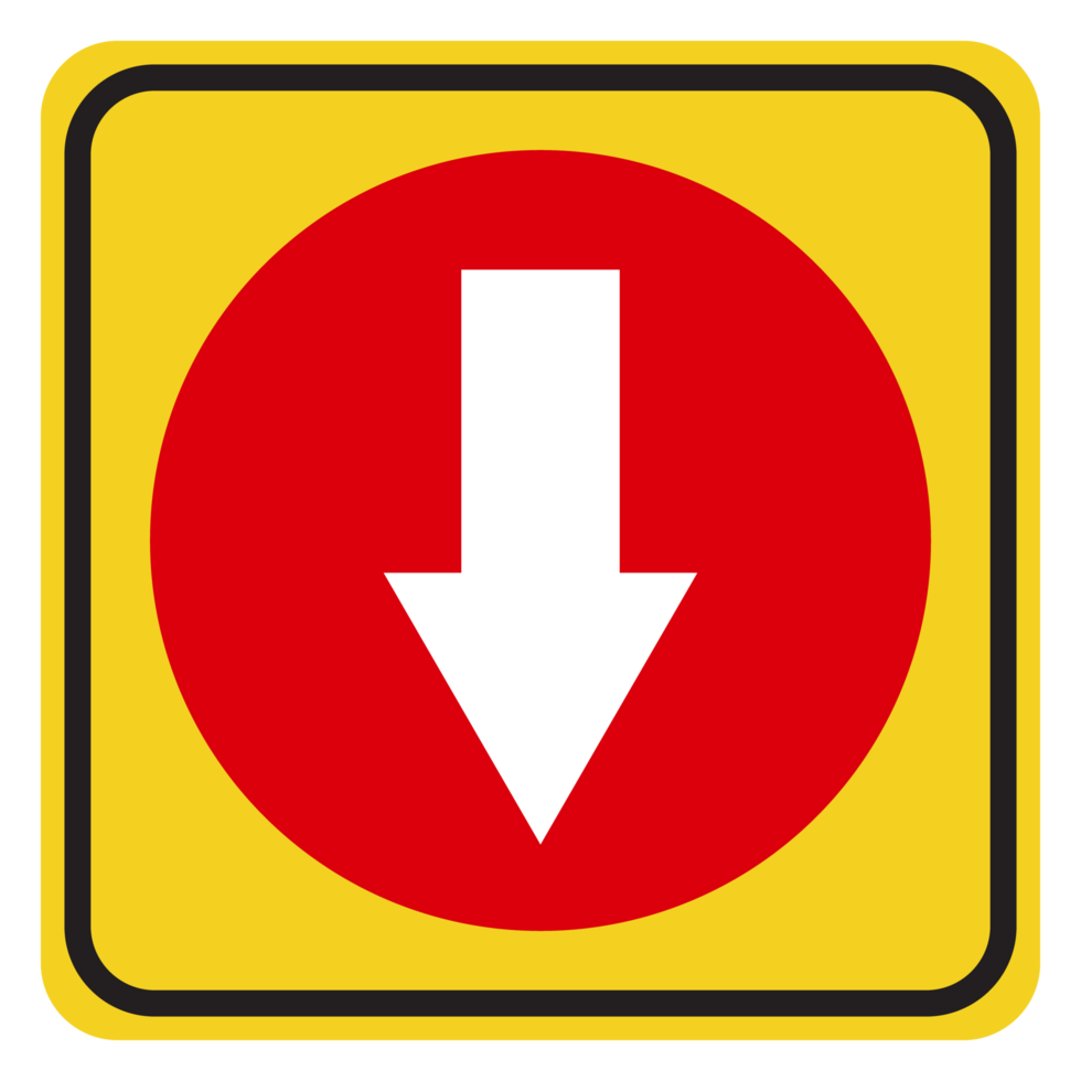 a yellow and red sign with an arrow pointing down png