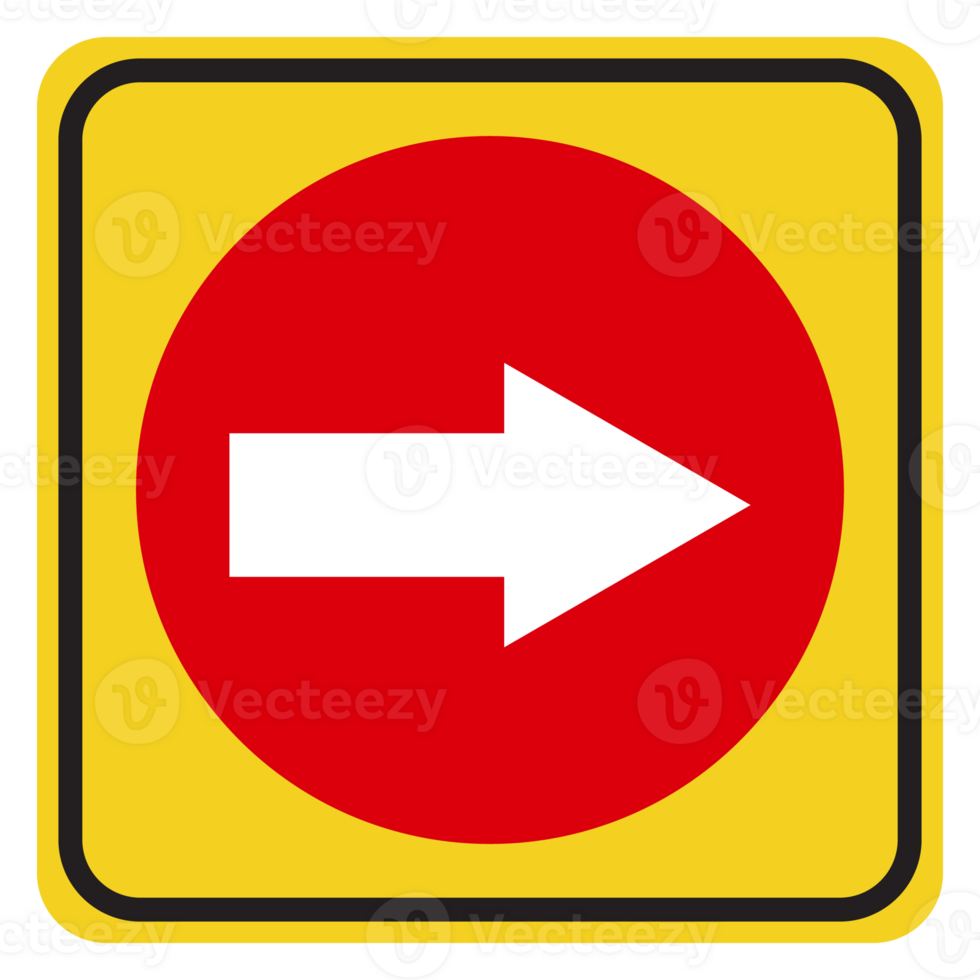 a red and yellow sign with an arrow pointing right png